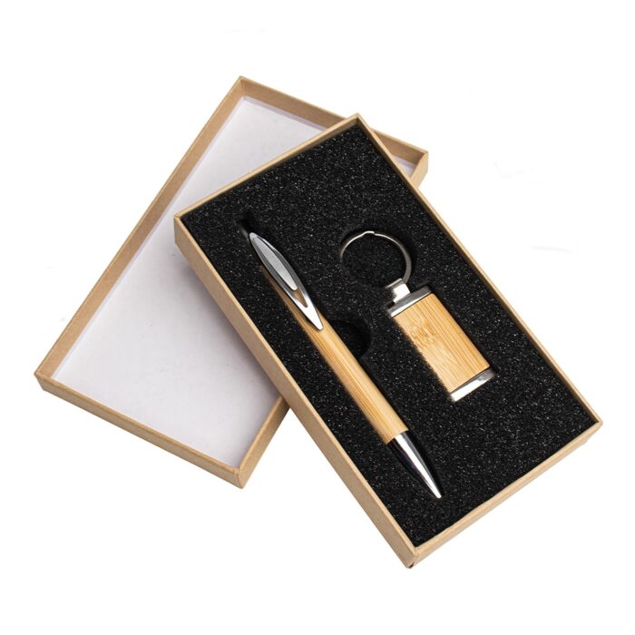 Kit caneta e chaveiro em bambu
