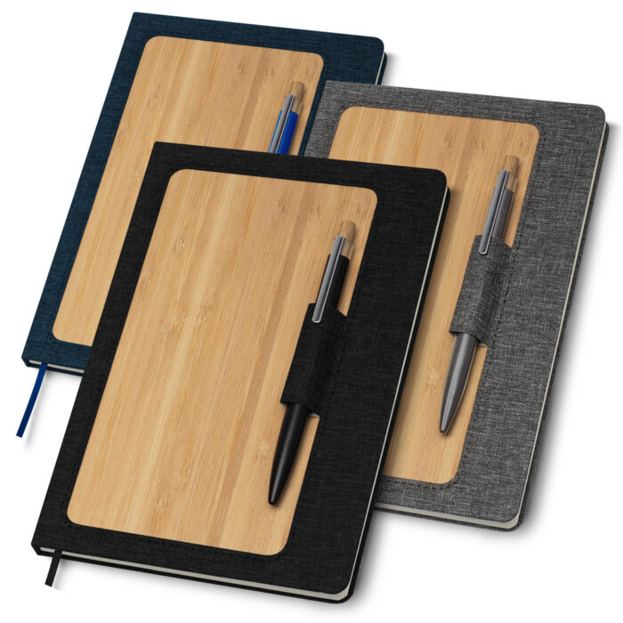 Caderno com capa em RPET e bambu com suporte para caneta