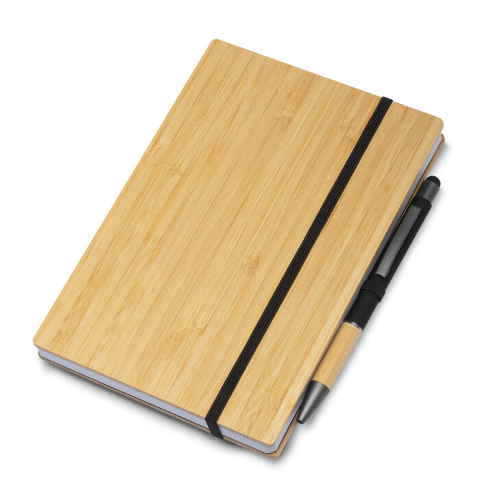 Caderno com capa em bambu e suporte para caneta