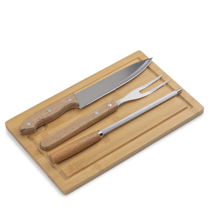 Kit churrasco em bambu, madeira e inox - 4 peças