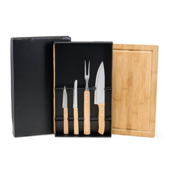 Kit churrasco em bambu, madeira e inox - 5 peças