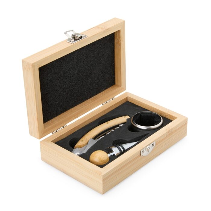 Kit vinho em bambu e inox - 3 peças